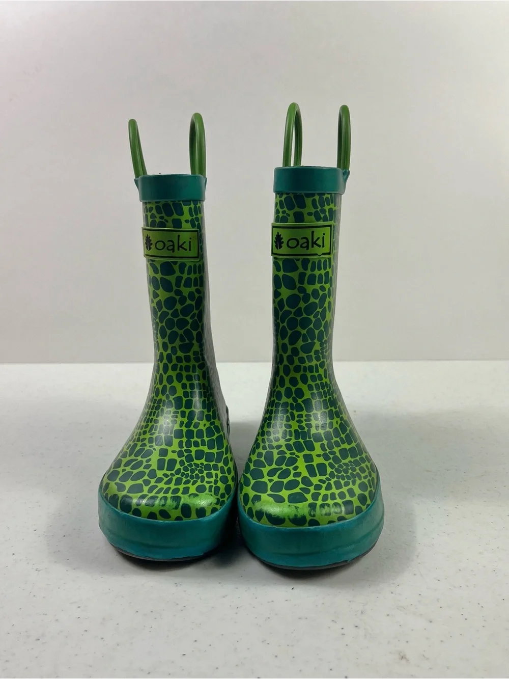 Oakiwear Kids Green Patterned Rain Boots with Easy Pull Handles